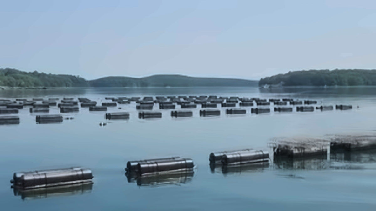 Floating oyster cages at Pleasant Cove on the Damariscotta Rive
