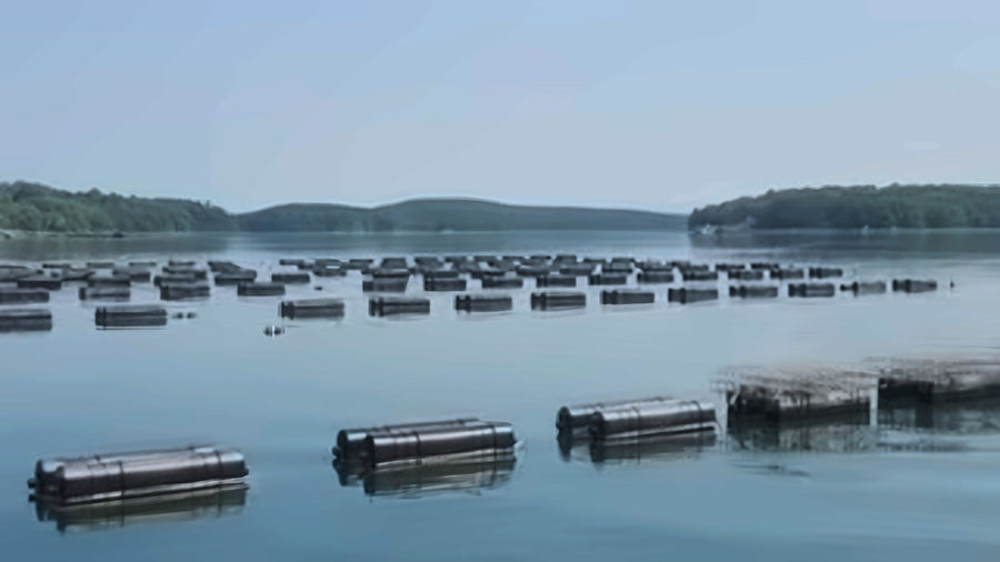 Floating oyster cages at Pleasant Cove on the Damariscotta Rive