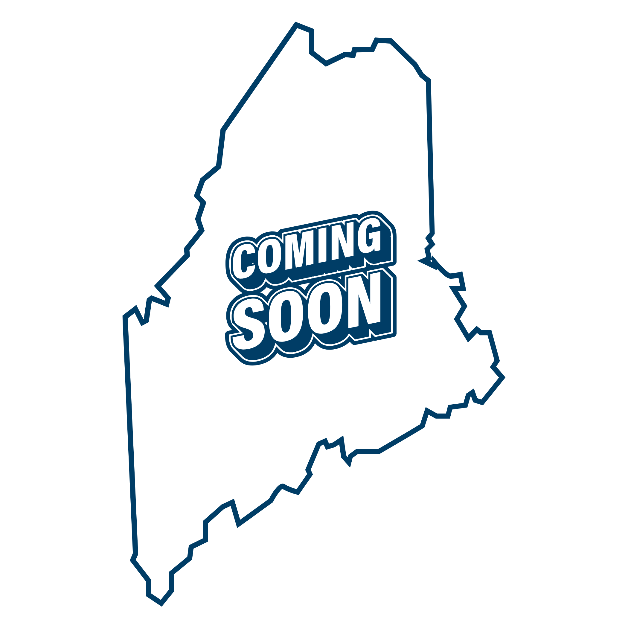 Outline of the state of Maine with 'Coming Soon' text on white background
