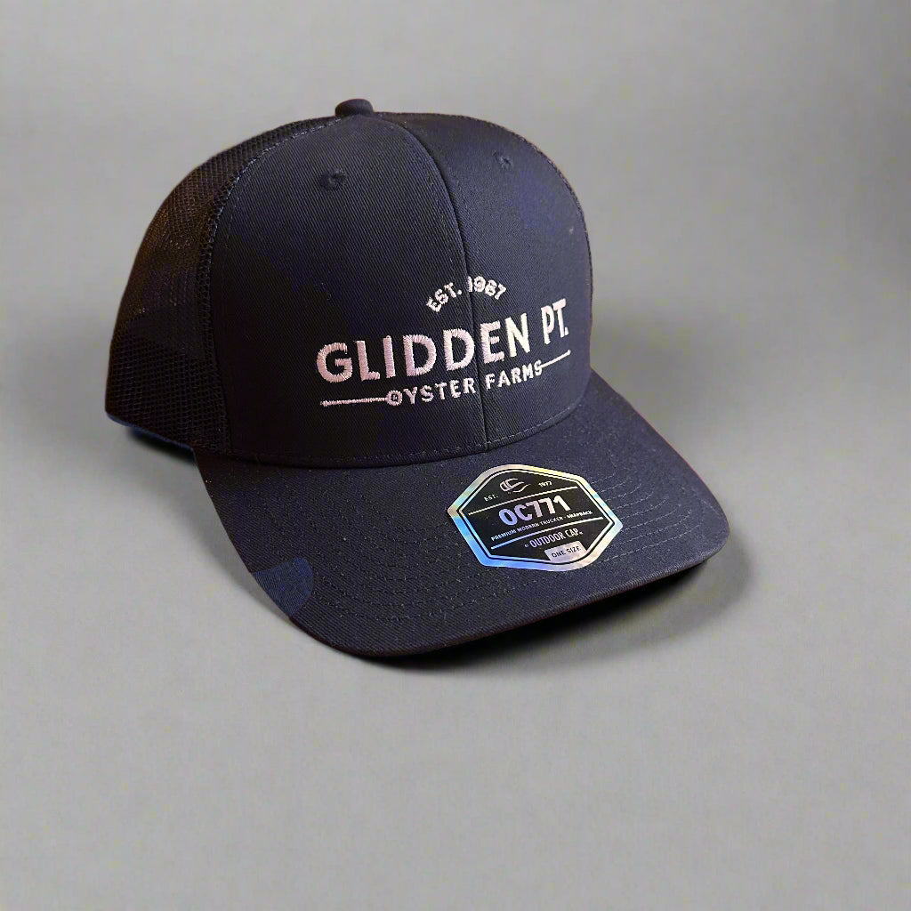 dk blue cap with 'Glidden Pt. Oyster Farms' text on a gray background