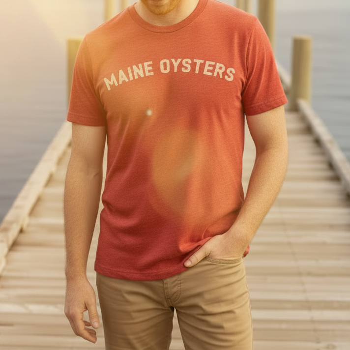 A screenshot of a product listing page showing two Maine Oysters t-shirts, one navy blue and one red, alongside a larger navy blue graphic with the Maine Oysters logo. The screenshot is taken from within a mobile app interface, with a black background and status bar.