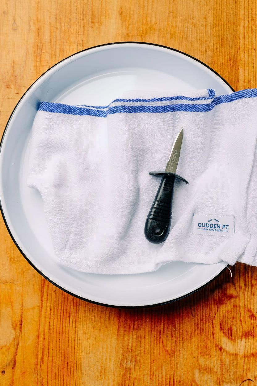 a white cloth napkin with a blue stripe inside a white oval plate, on a wooden table. A small knife and a white Glidden PT tag are also visible.