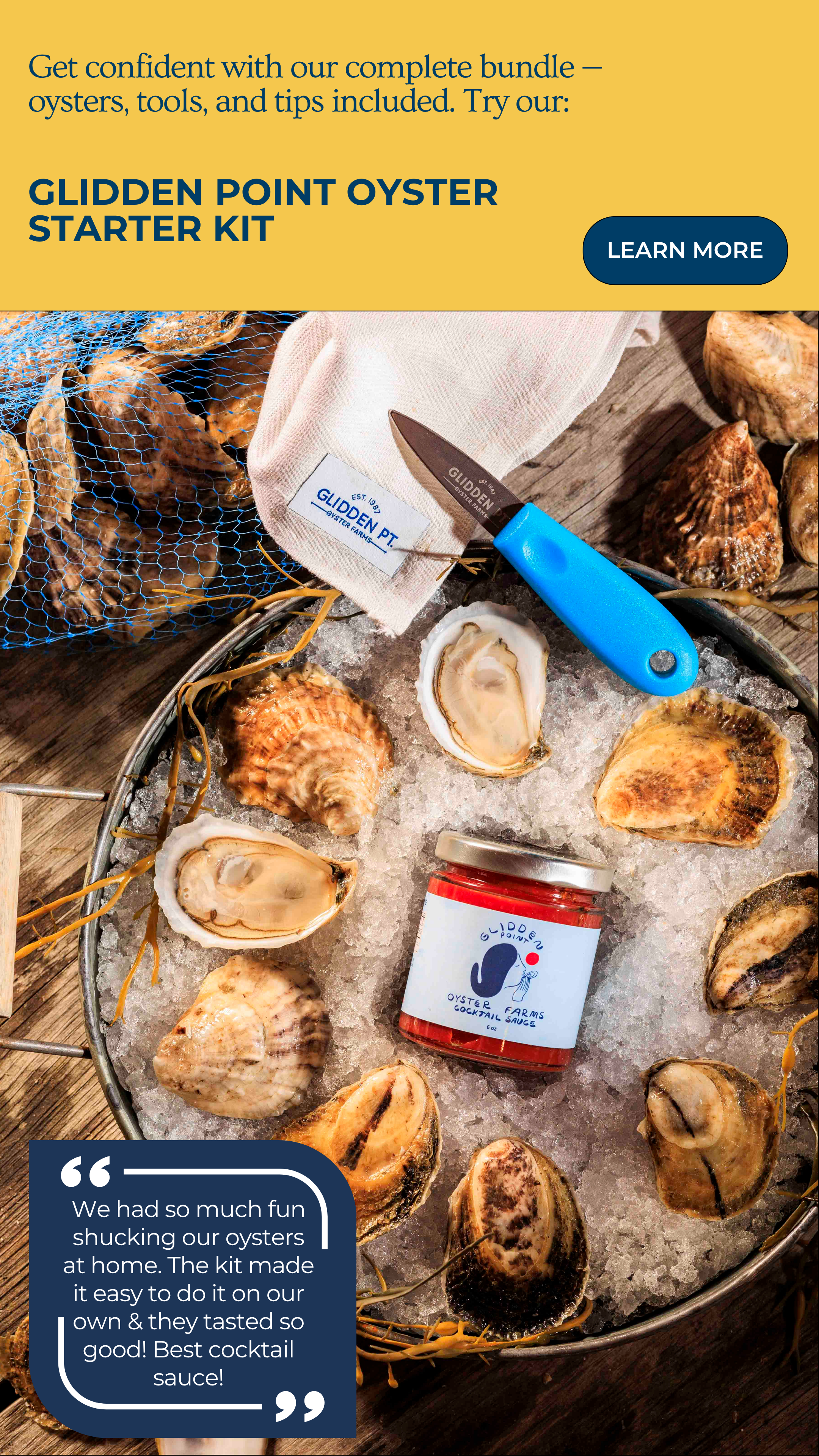 Glidden Point Oyster Starter Kit with oysters, a knife, and cocktail sauce on ice.