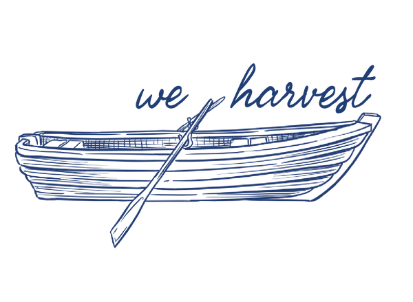 Outline of a Glidden Point boat with a paddle and 'we harvest' text on a white background